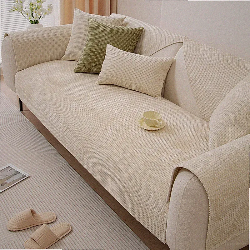 Vctops Farmhouse Plaid Chenille Couch Sofa Cover Super Soft Plush Sectional