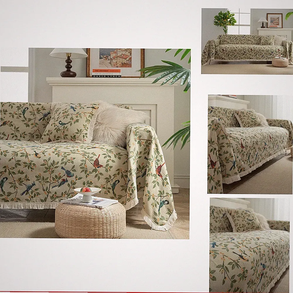 vctops Jacquard Sofa Cover Bird Pattern Beige 71"x71" L Shaped Sectional