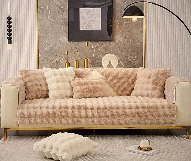 vctops Khaki Faux Fur Fleece Sofa Cover Soft Cozy Fluffy Plush Bubble Couch...