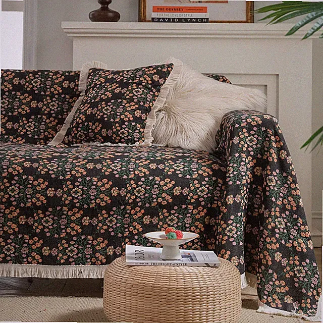 VCTOPS Vintage Jacquard Sofa Cover for Sectional L-Shaped Couch - Black Floral
