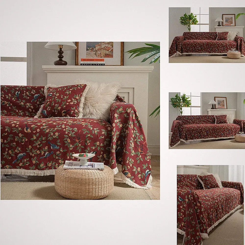 vctops Vintage Jacquard Sofa Cover Red Bird 71"x71" for Sectional L Shaped