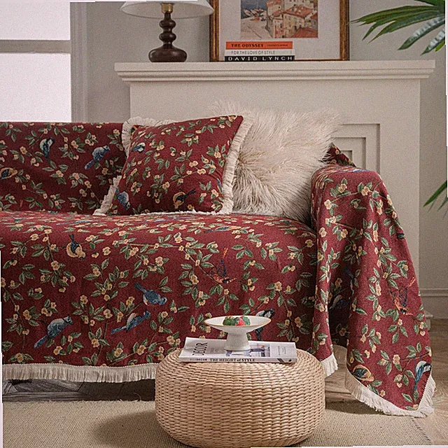 Vctops Vintage Jacquard Sofa Covers For Sectional Sofa Bird Pattern Fringe