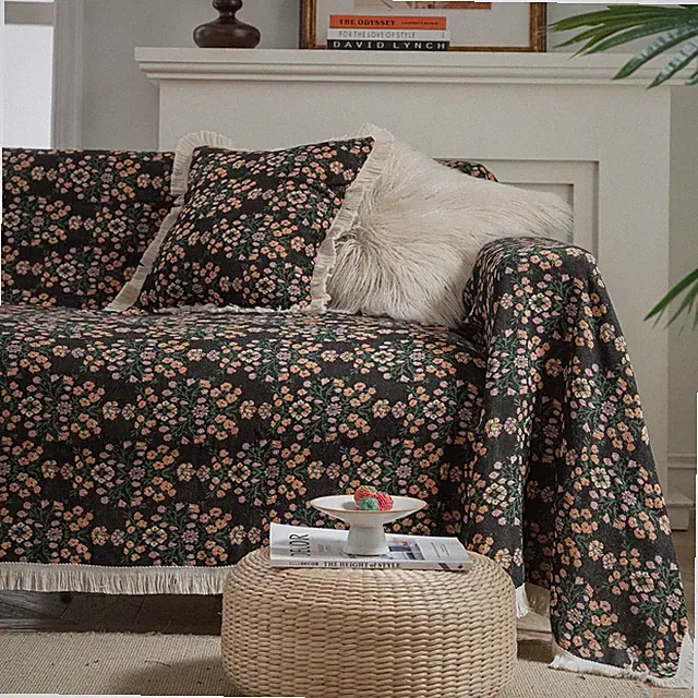 VCTOPS Vintage Jacquard Sofa Covers Sectional Loveseat Black Floral 91"x118"