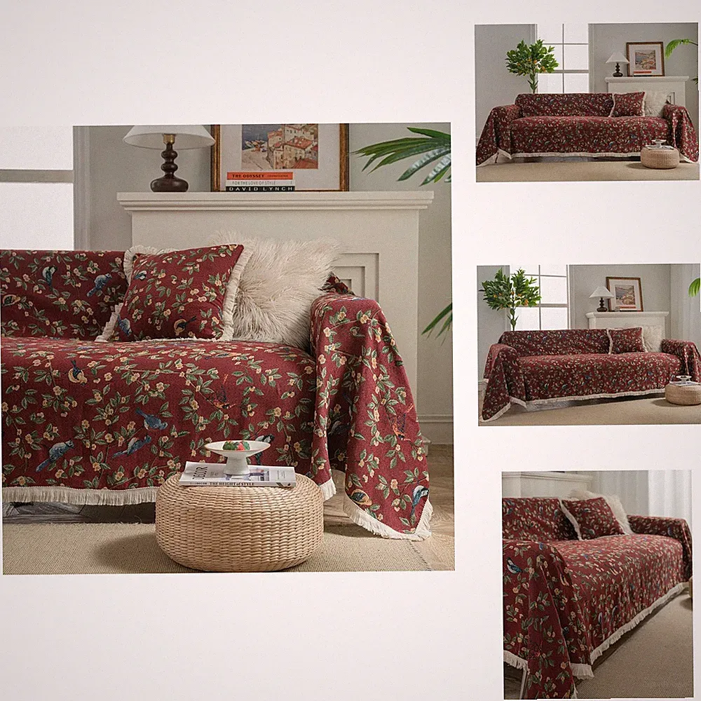 Vctops Vintage Jacquard Sofa Covers Sectional Sofa Bird Pattern Fringe Couch
