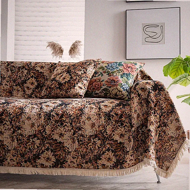 Vctops Vintage Jacquard Sofa Covers Sectional Sofa Floral Pattern Fringe Couch