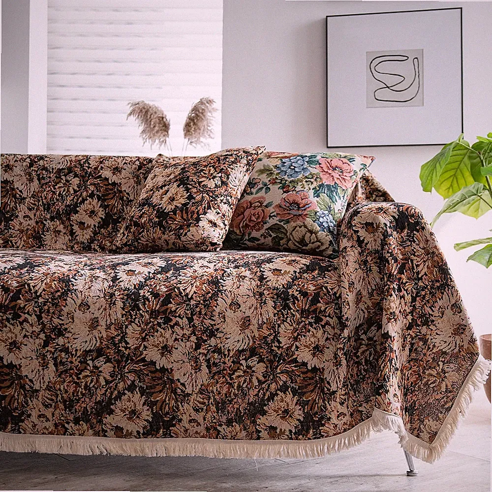 Vctops Vintage Jacquard Sofa Covers Sectional Sofa Floral Pattern Fringe Couch