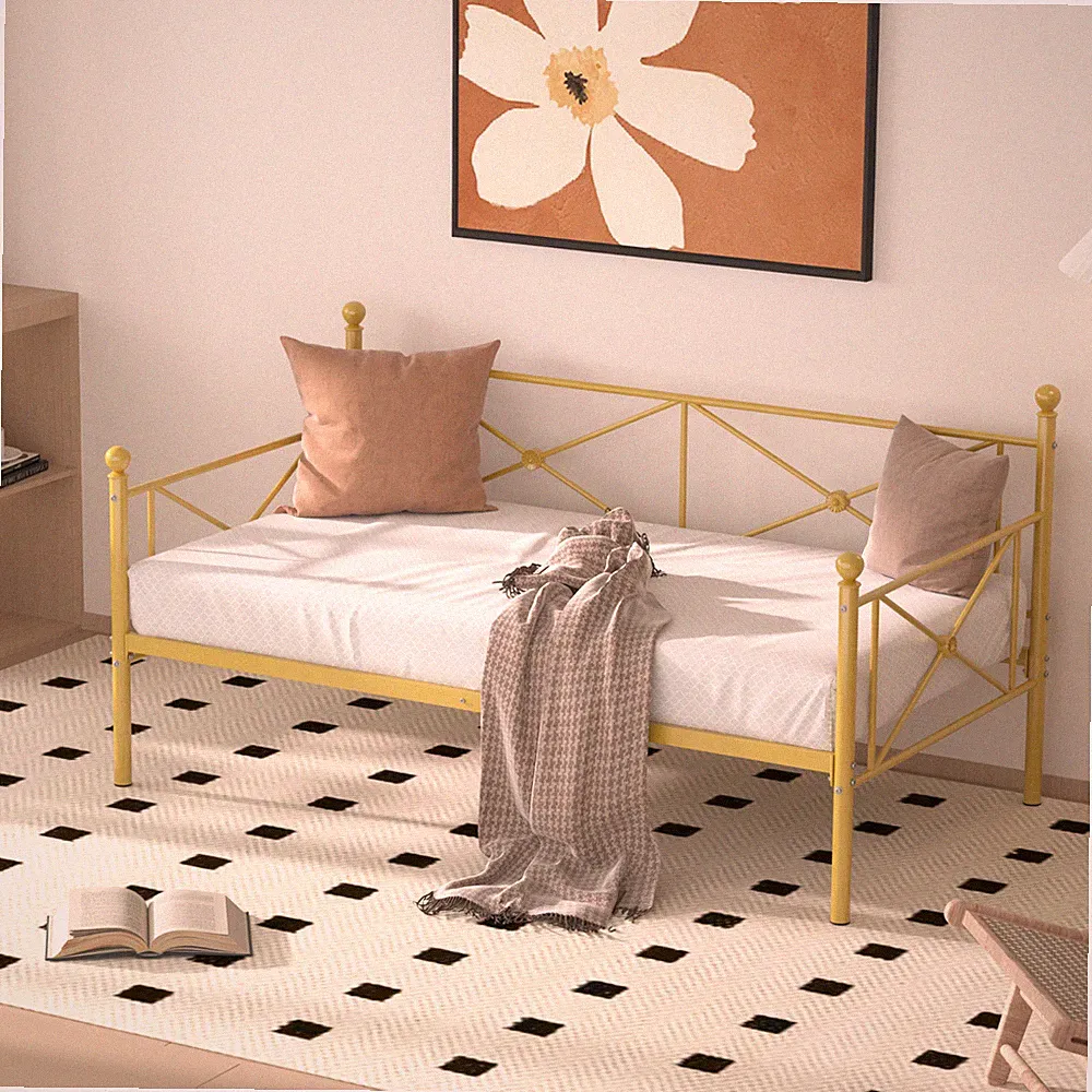 VECELO Classic Metal Daybed Frame Mattress Foundation Bed Sofa with Headboard