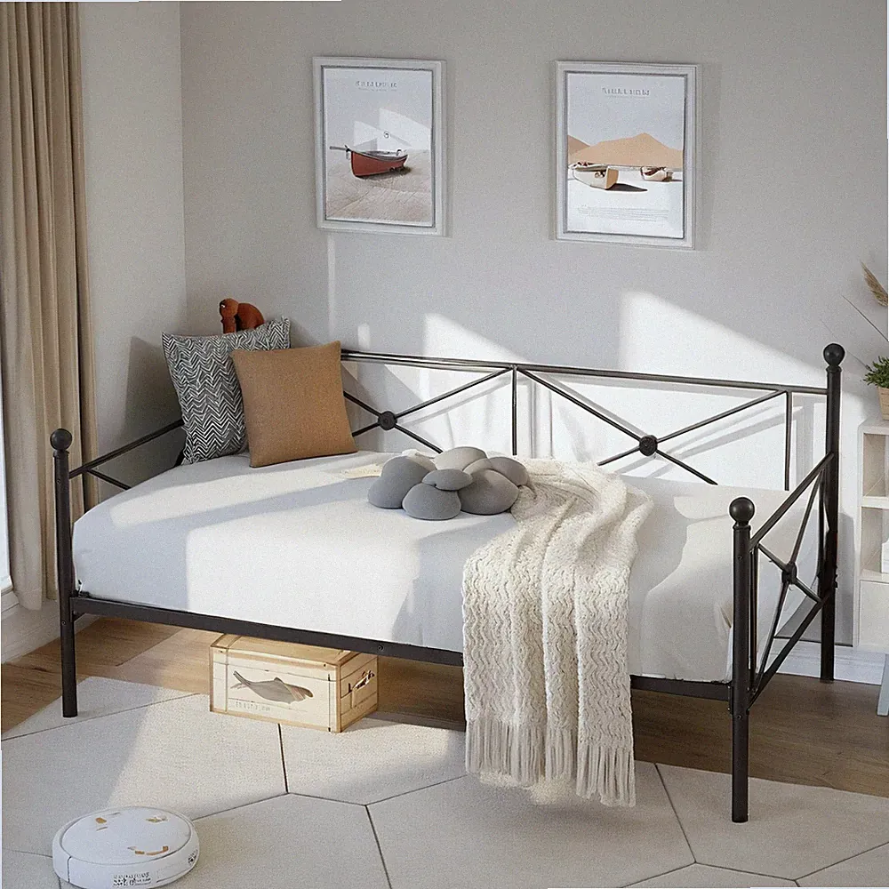 VECELO Classic Metal Daybed Frame Mattress Foundation Bed Sofa with Headboard