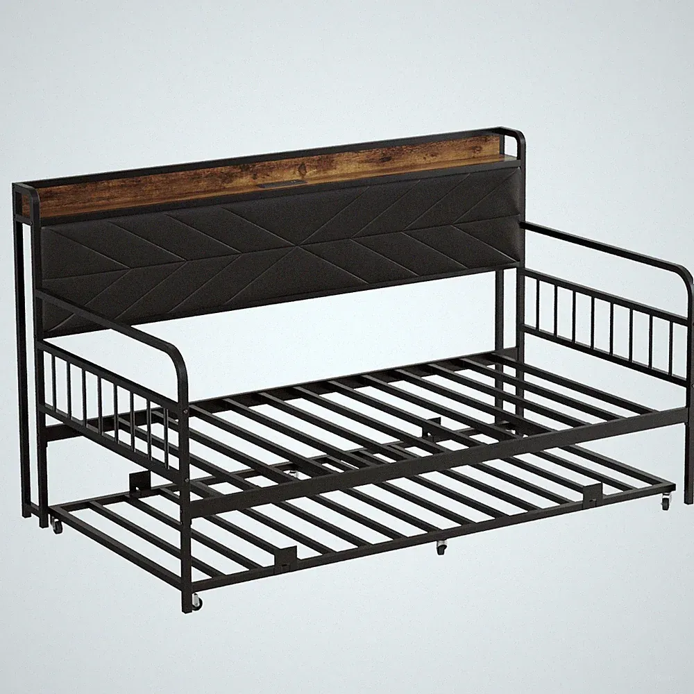 Vecelo Daybed Frame Metal Sofa Bed with Trundle and Charging Station for Bedroom