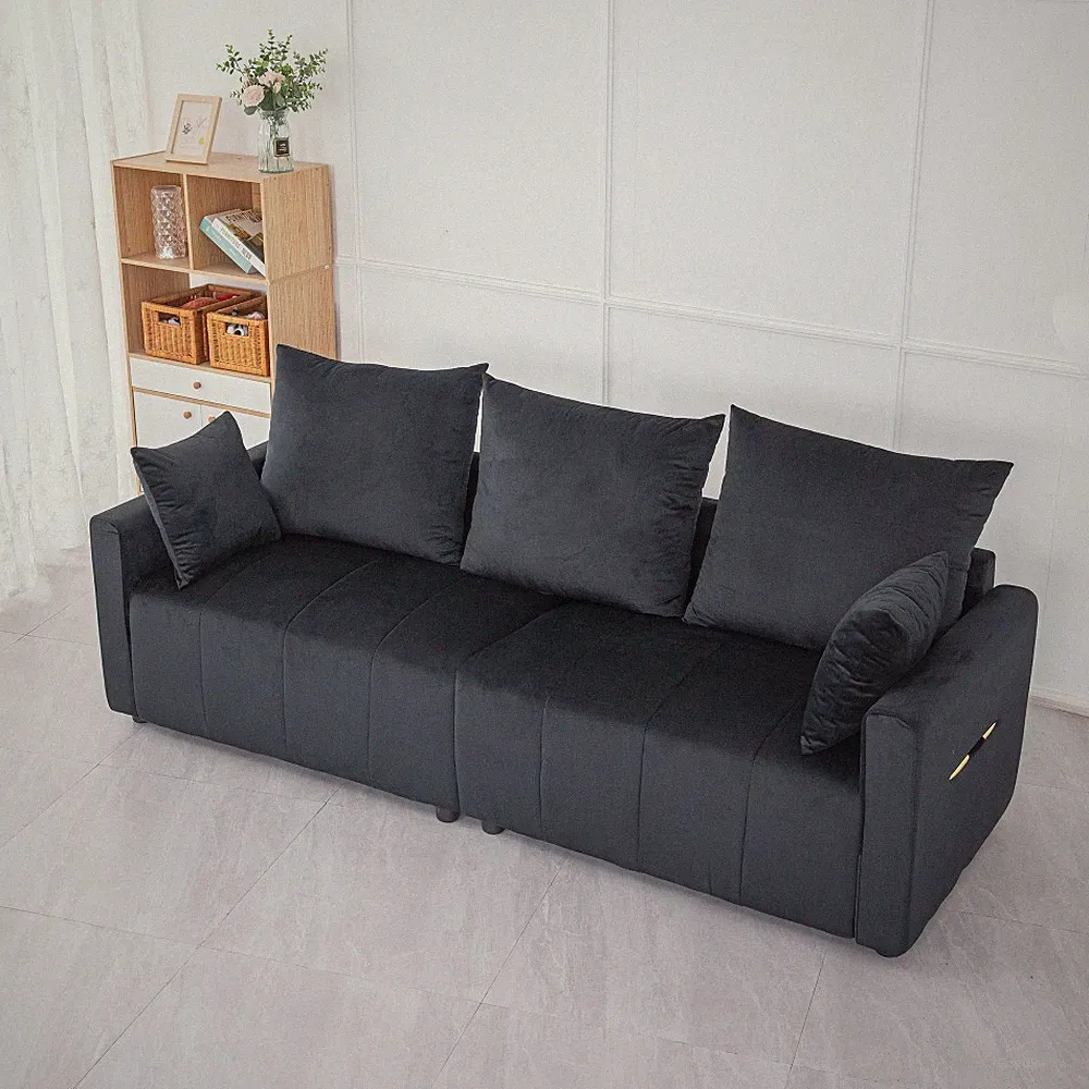 Velvet 2-Seater Modern Sofa, Black Two-Tone Sectional, Easy Assembly 82"