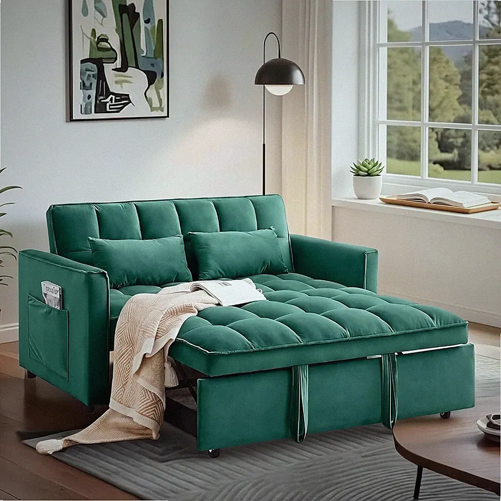 Velvet 3-in-1 Convertible Sofa Bed with Adjustable Backrest & Side Pockets, Gree