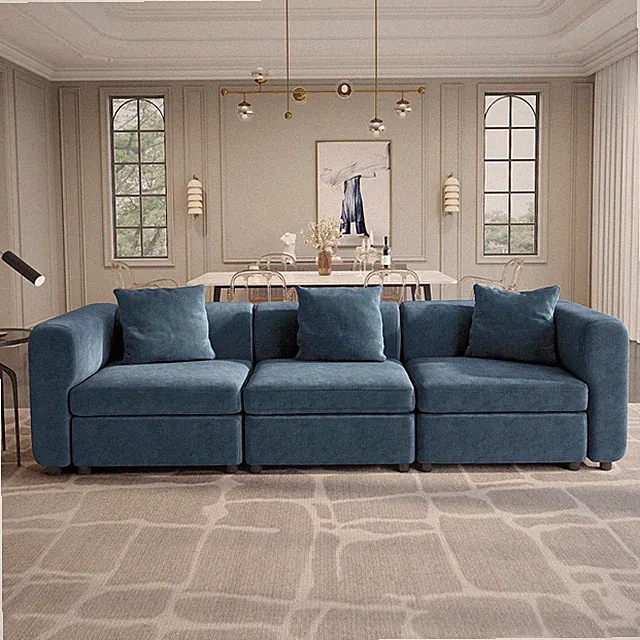 Velvet 3 Seater Sofa Oversized Sofa w 3 Pillows Blue Sofa Couch for Living Room