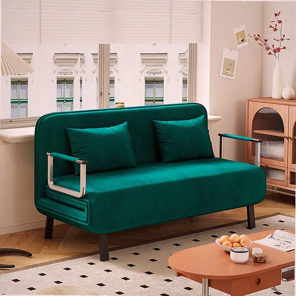 velvet Antique Green 55″ Convertible Chair Bed, Tri-Fold Sofa Bed with Adjustabl