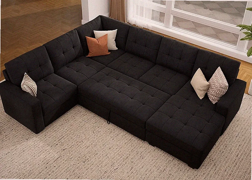 Velvet Black Sectional Sleeper Sofa with Pull Out Bed & Storage Chaise