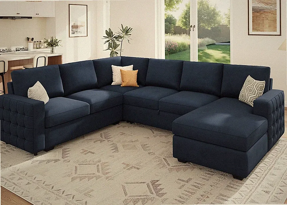 Velvet Blue Sleeper Sectional Sofa with Pull-Out Bed & Storage Chaise, 6 Seater