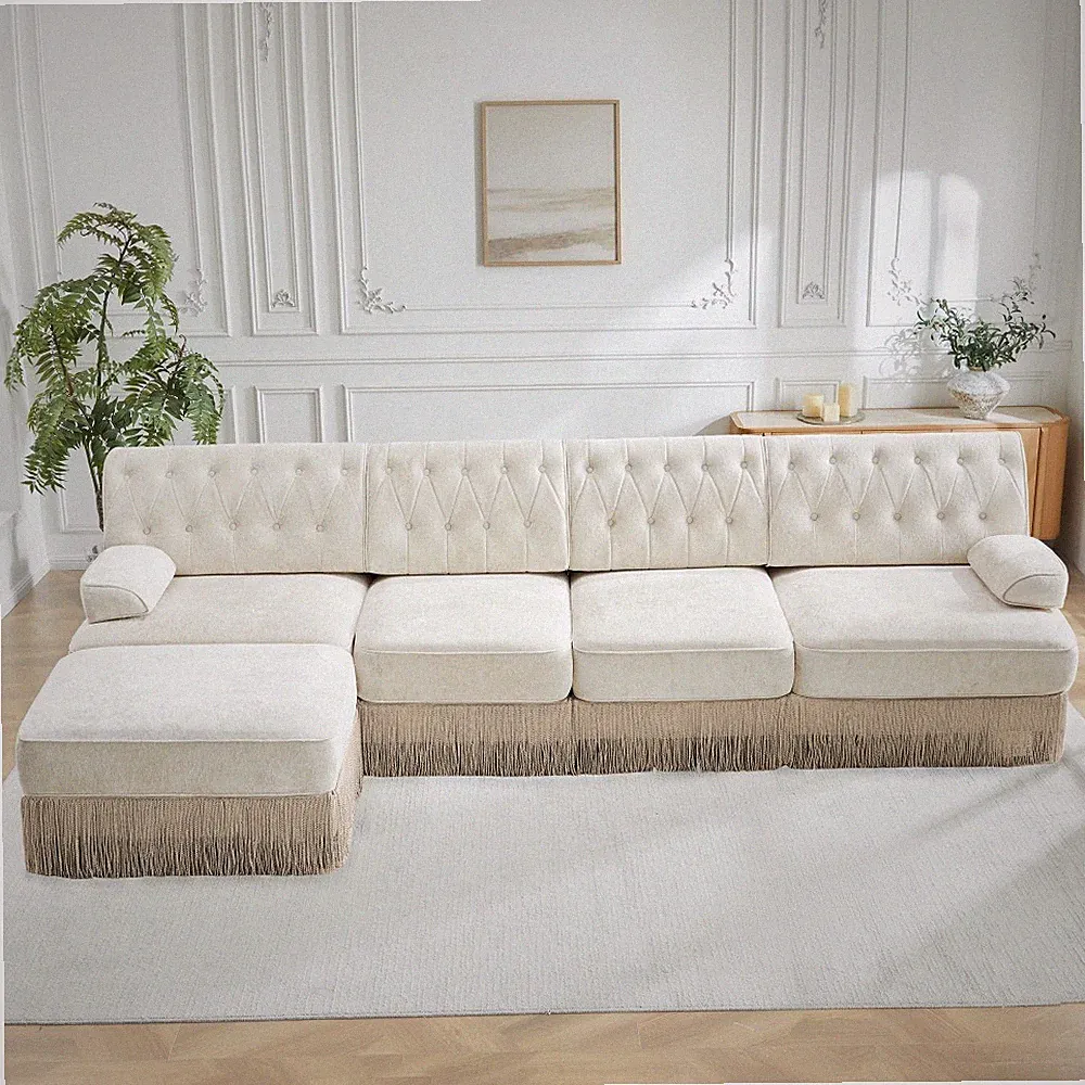 Velvet Chesterfield L-Shaped Sectional Sofa with Ottoman, 4-Seat Beige