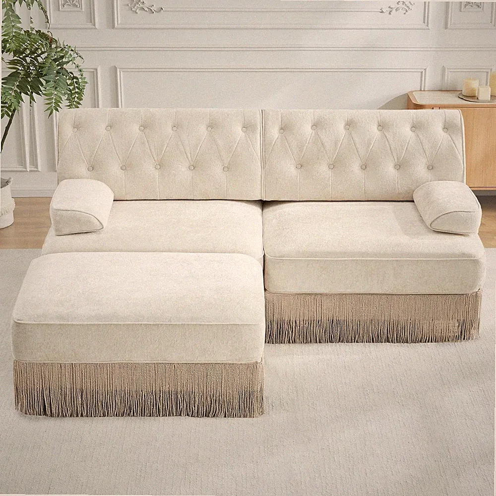 Velvet Chesterfield Modular Sectional Sofa with Tassel Skirt for Living Room