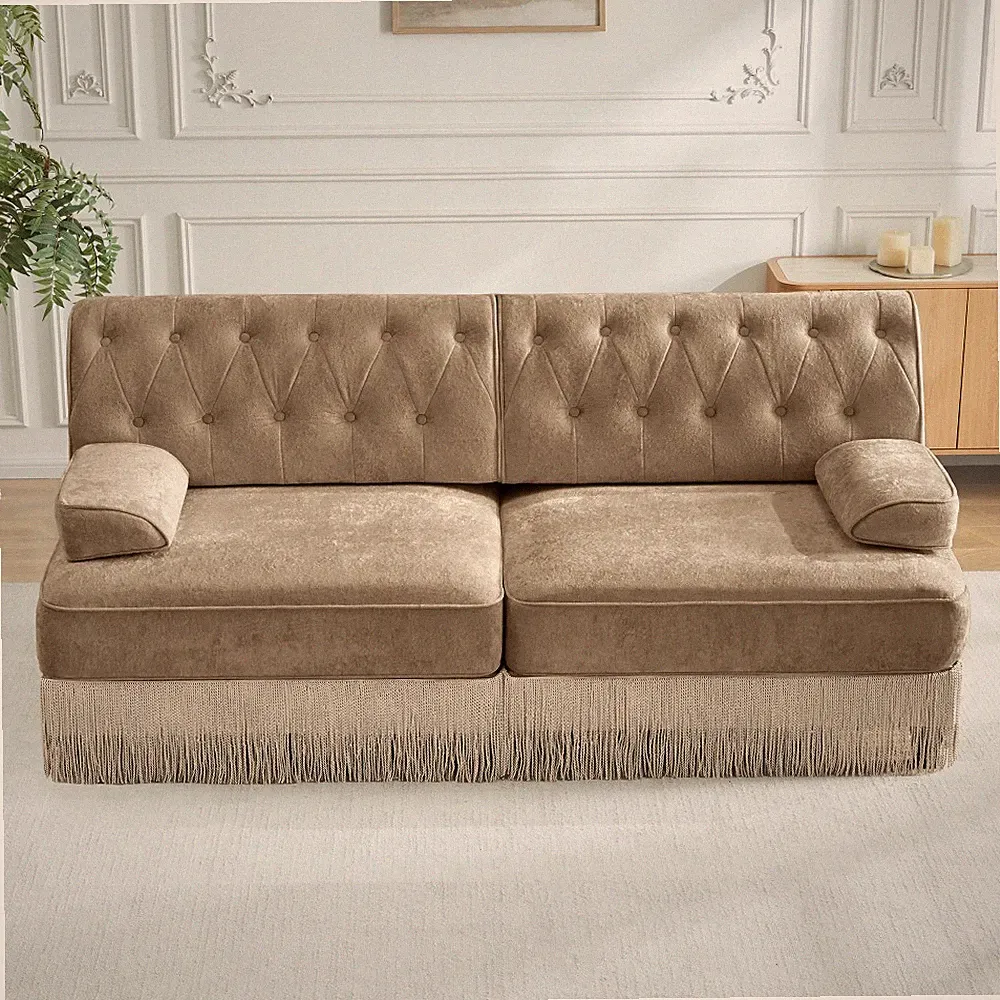 Velvet Chesterfield Sofa,Button Tufted Design,Floor-grazing Tassel Fringe Skirt