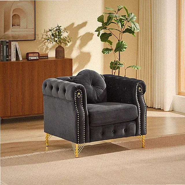 Velvet Chesterfield sofa w/round pillows,featuring copper stud detailing and tuf