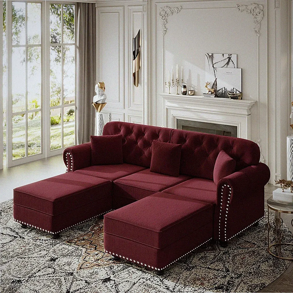 Velvet Chesterfield Sofa with Rolled Arms & Nailhead Trim, Modular Sectional Sof