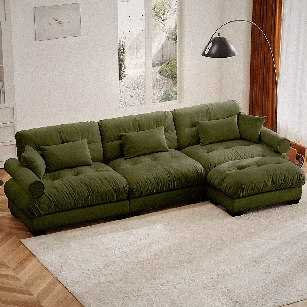 Velvet Cloud Couch Sectional Sofa Ottoman, Deep Seat L-Shaped Olive Green