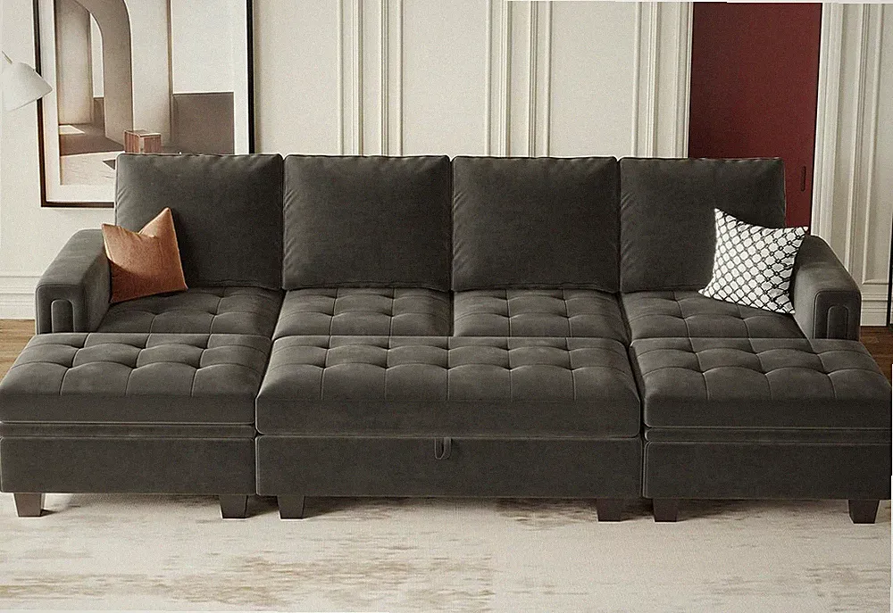 Velvet Convertible 4-Seat Sectional Sleeper Sofa with Reversible Chaise Sleeper
