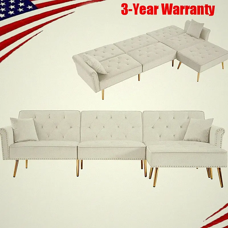 Velvet Convertible L Shaped Sectional Sleeper Sofa Bed Folding Modular Couch Set