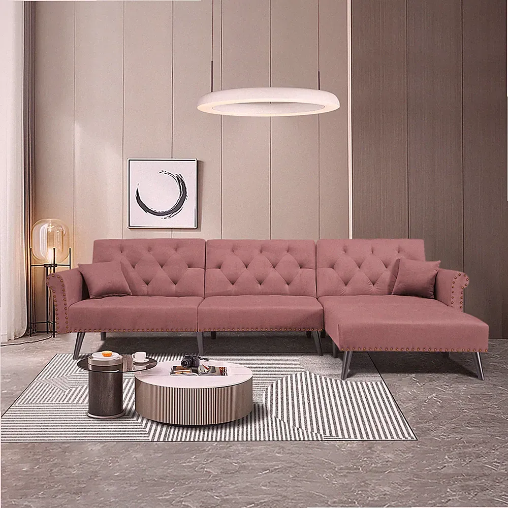 Velvet Convertible L Shaped Sectional Sofa Bed Folding Sleeper Modular Couch
