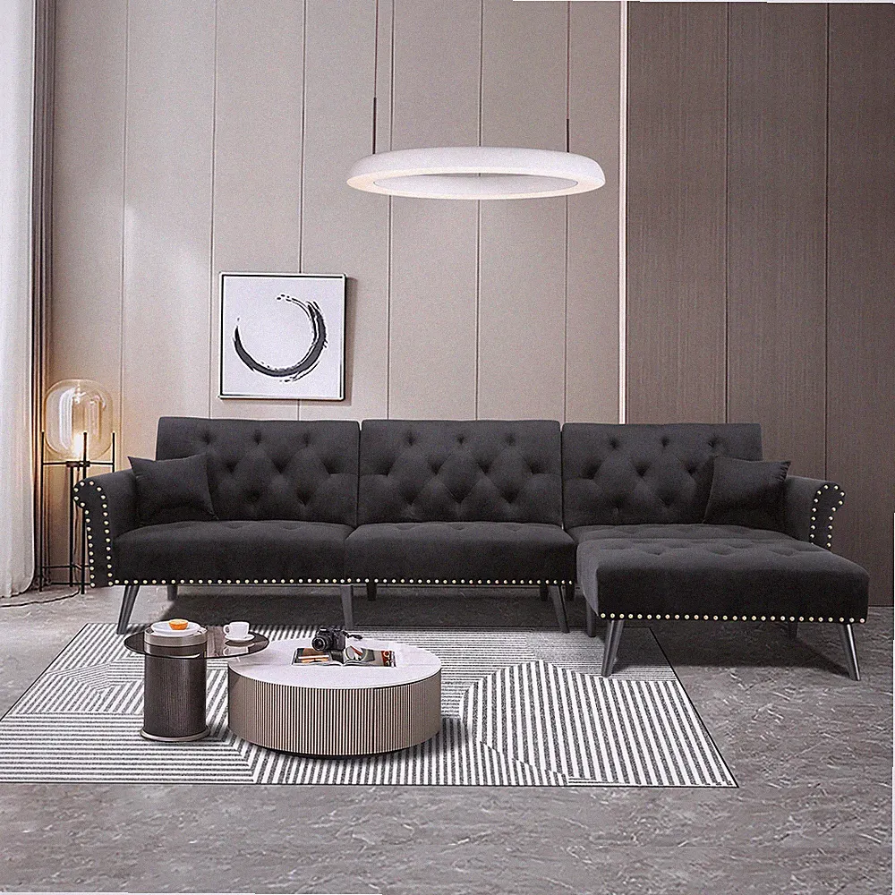 Velvet Convertible L Shaped Sectional Sofa Bed Folding Sleeper Modular Couch