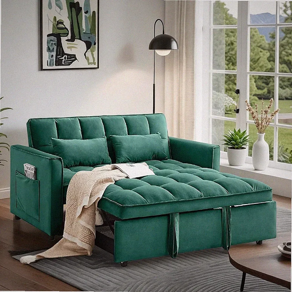 Velvet Convertible Sofa Bed with Adjustable Backrest and Side Pockets, Green