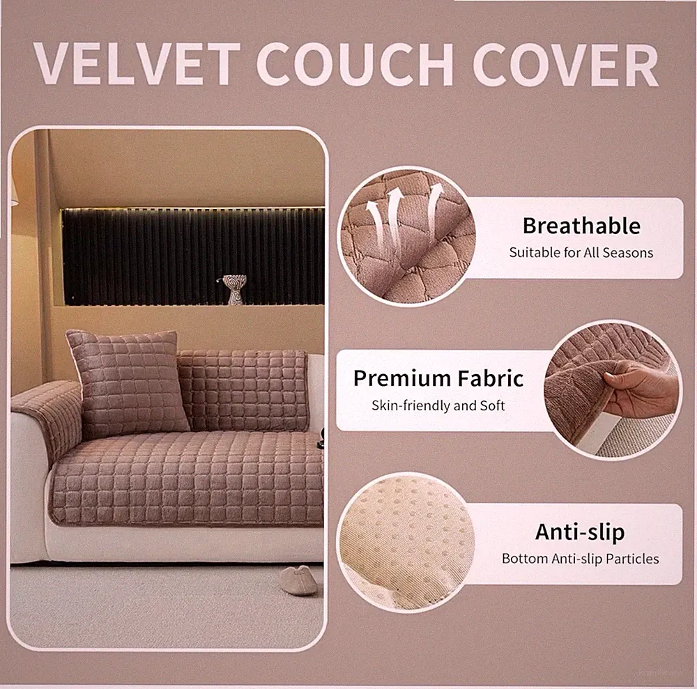 Velvet Couch Cover, Plush Sectional Sofa Cover Washable, Anti Slip Cover (1 PC)