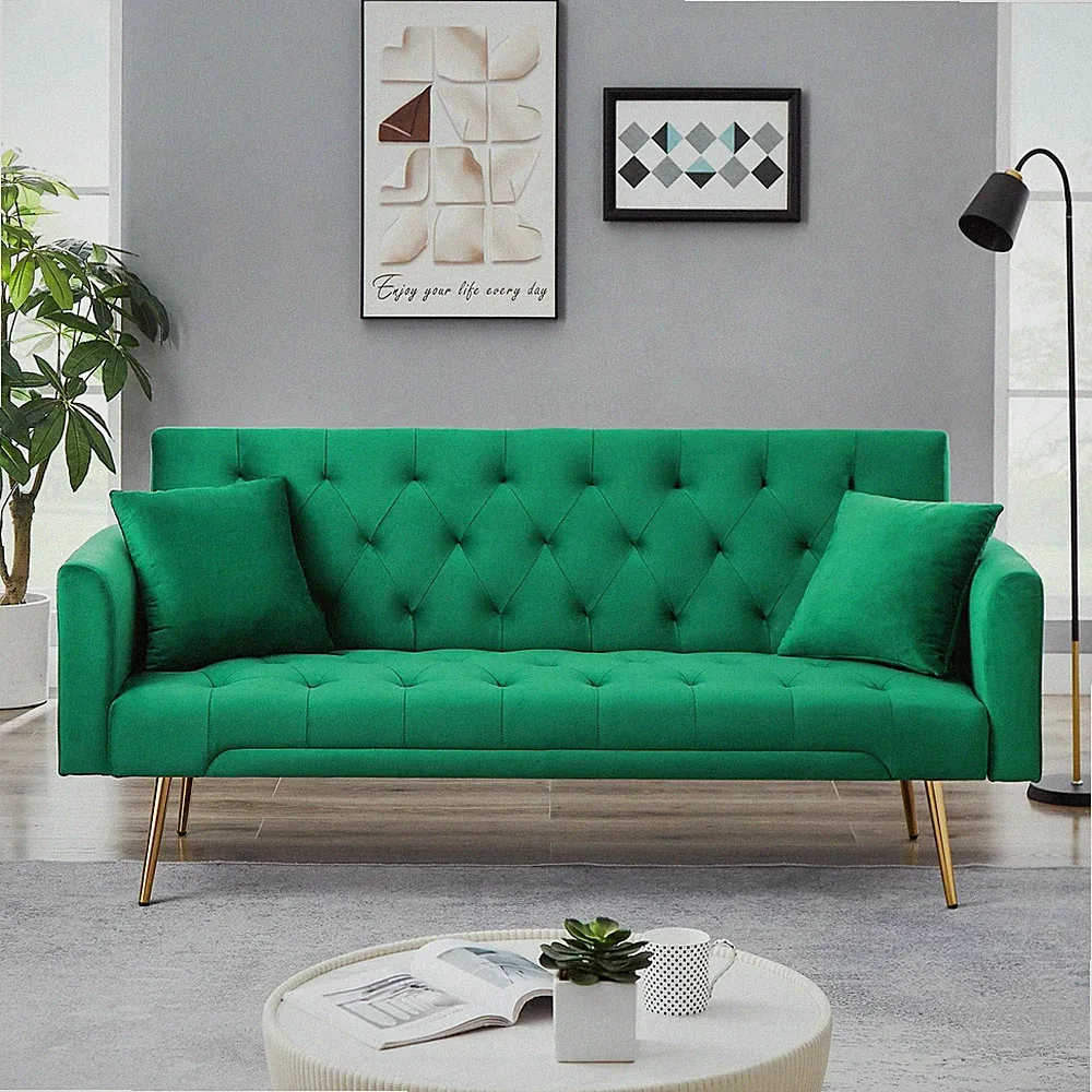 Velvet Futon Sofa Bed 2 Pillows Modern Convertible Futon Couch Adjustable Back