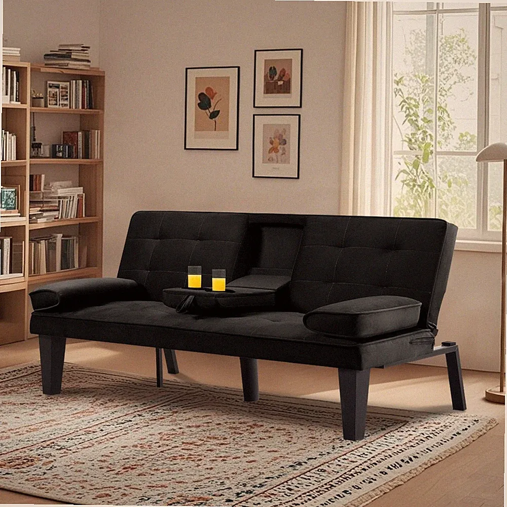 Velvet Futon Sofa Bed 65" Convertible Couch Sofa w/ Cup Holders & Wood Legs