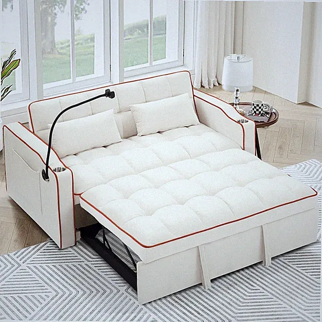 Velvet Futon Sofa Bed Beige 3-in-1 USB Cup Holders Phone Stand Loveseat