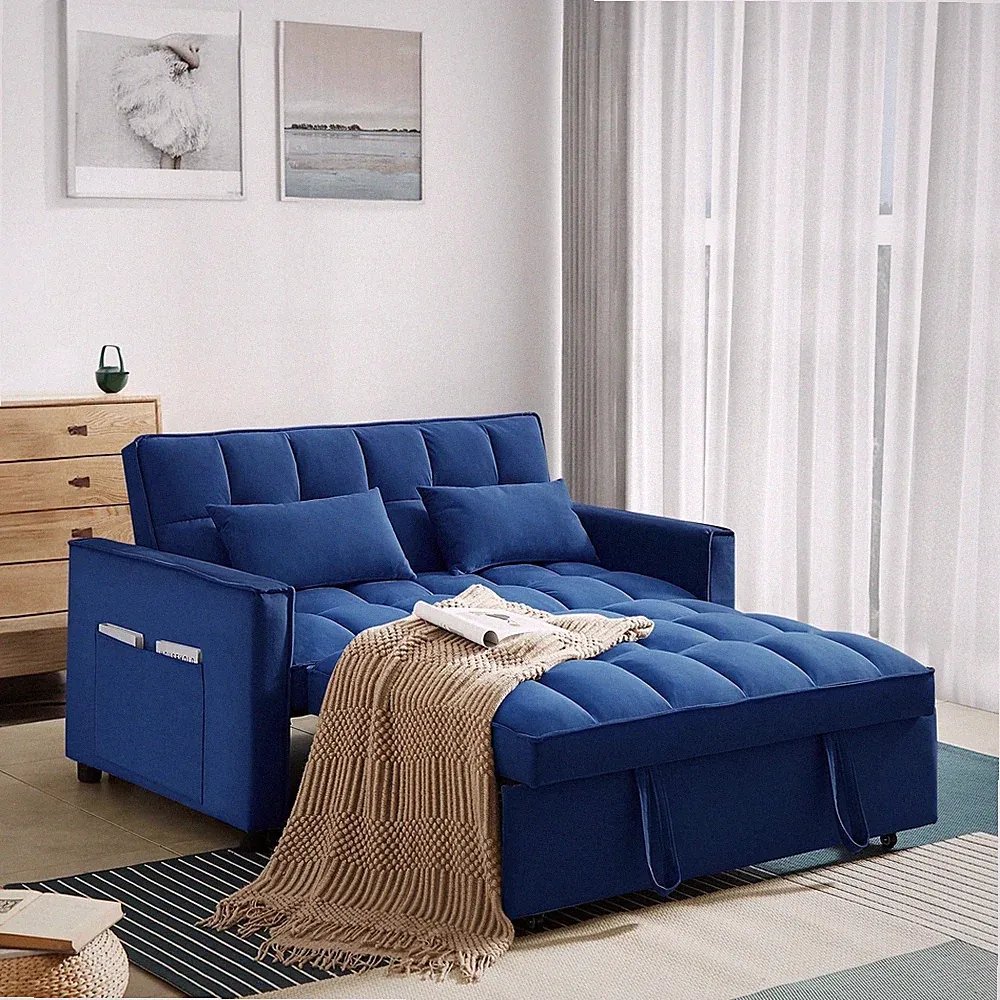 Velvet Futon Sofa Bed Blue Pull-Out Loveseat Convertible Tufted Couch Apartment
