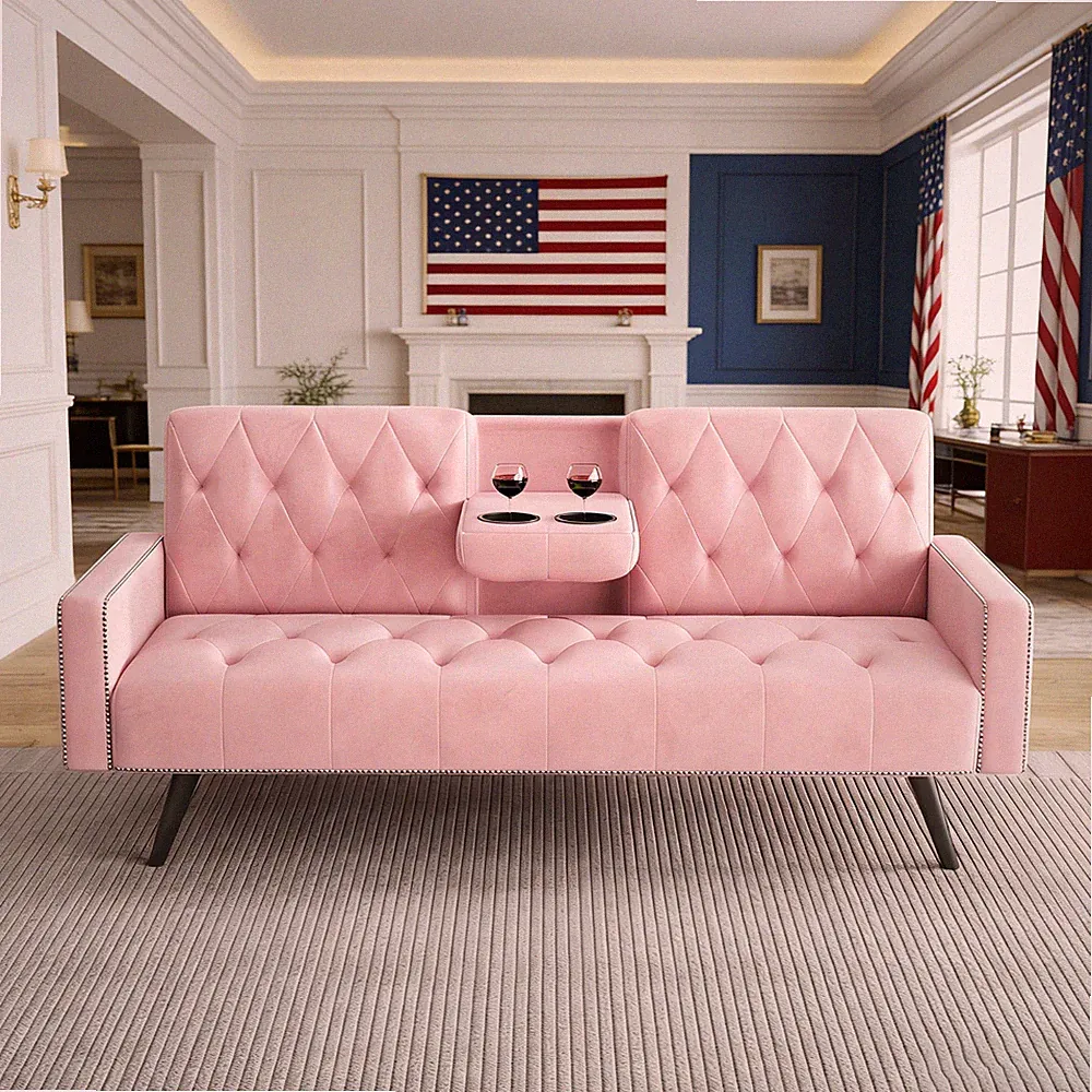 Velvet Futon Sofa Bed Convertible Adjustable Angles Sleeper Couch w/ Cup Holders