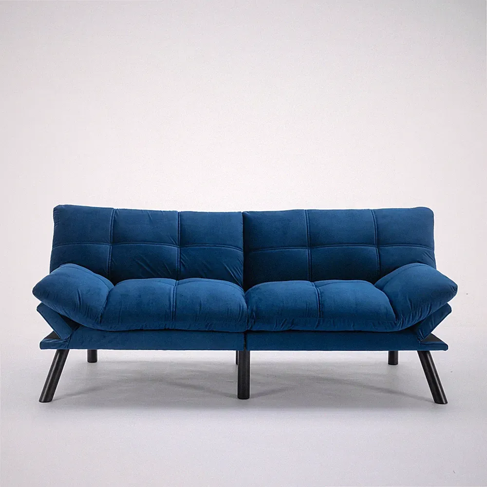Velvet Futon Sofa Bed Convertible Folding Modern Sofa Adjustable Backrest Blue
