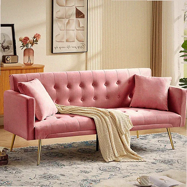 Velvet Futon Sofa Bed Modern Convertible Futon Couch Adjustable Back Pillows Pin