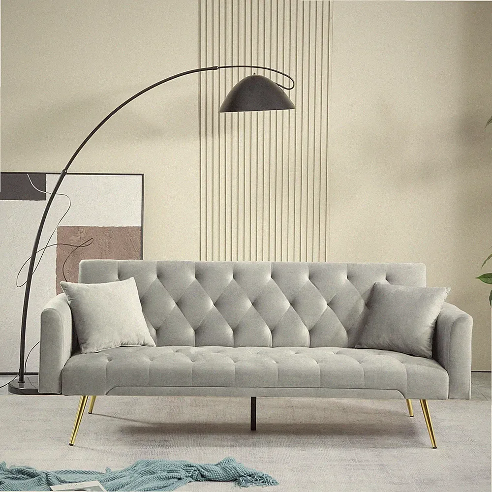 Velvet Futon Sofa Bed Modern Convertible Futon Couch Adustable Back Pillows