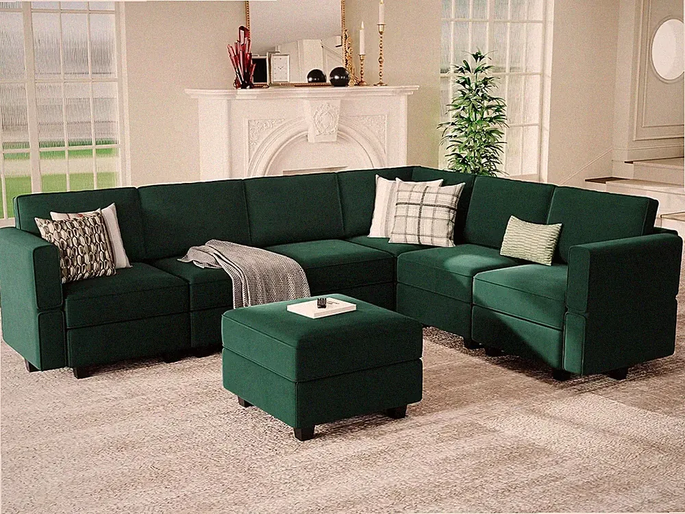 Velvet Green L-Shaped Sectional Sofa with Storage Ottoman & Chaise