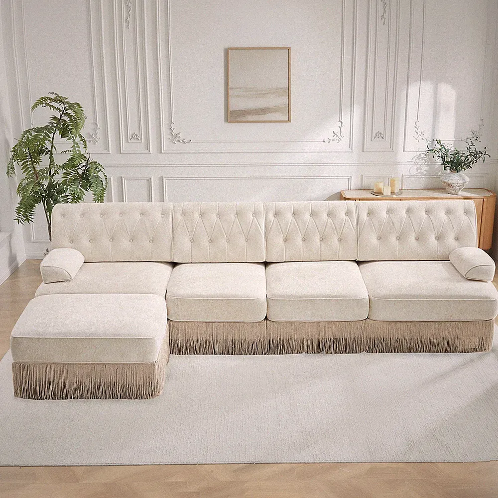 Velvet L-Shaped Chesterfield Sectional Sofa w/ Tufting, Pet-Friendly, Beige