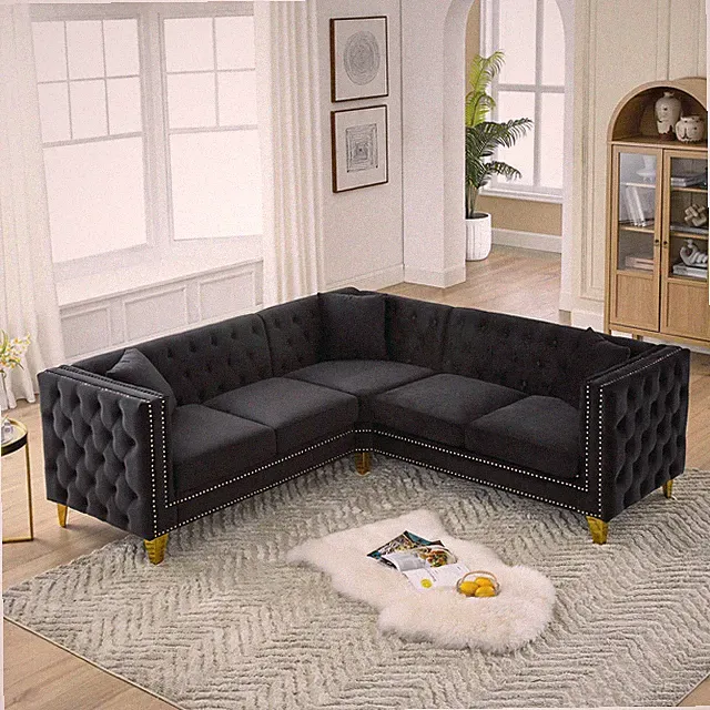 Velvet L-Shaped Corner Sectional Sofa 5-Seater with 3 Cushions