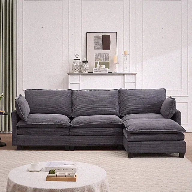 Velvet L-Shaped Modular Sofa with Ottoman & Pillows, 4-Seat Couch, Dark Gray