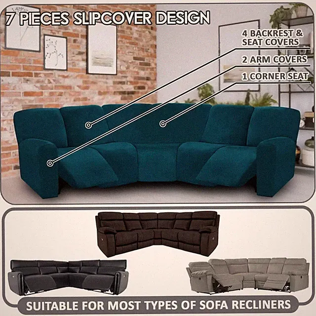 Velvet L-Shaped Recliner Sofa Cover - Deep Teal