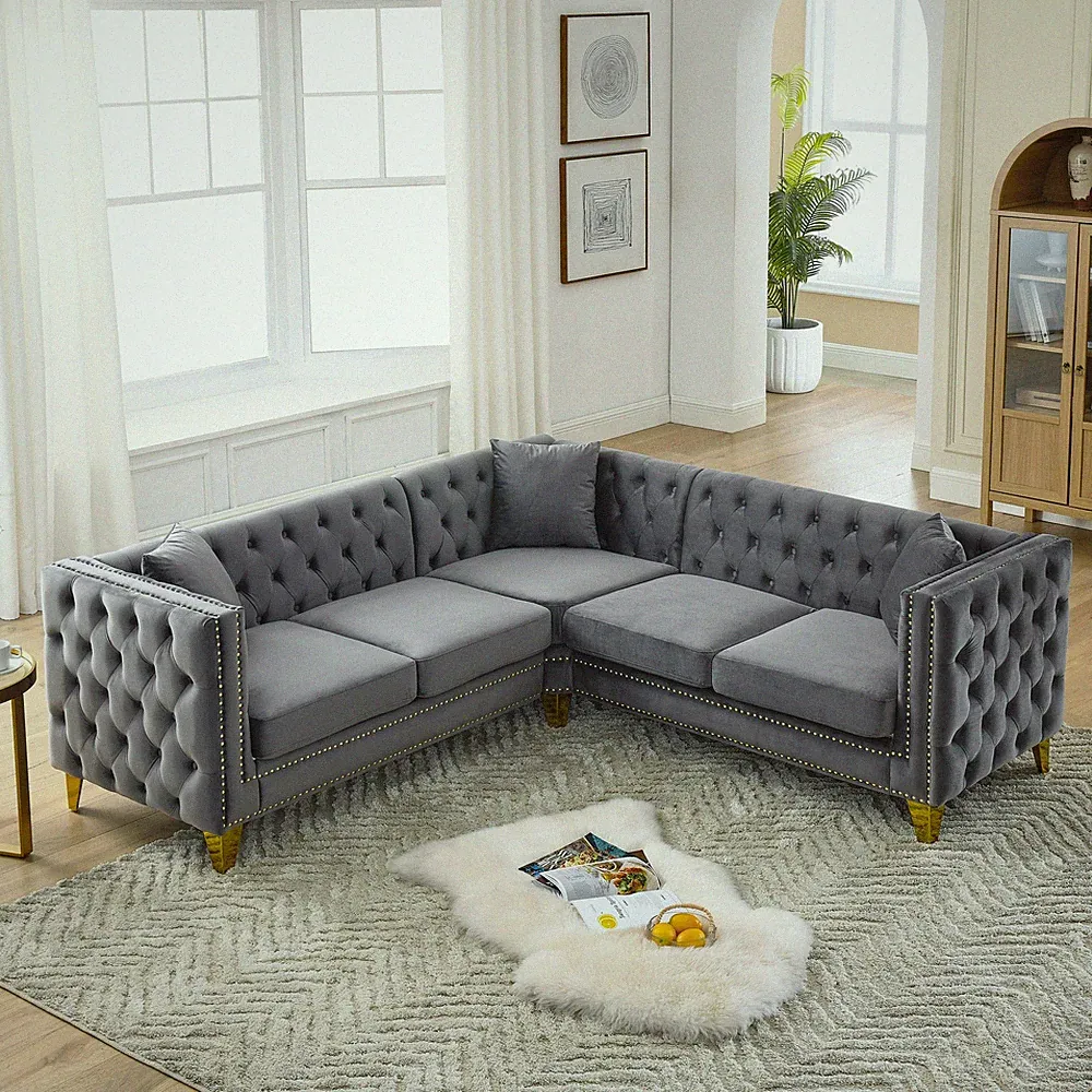 Velvet L-Shaped Sectional Sofa 5-Seater Chesterfield Corner Couch