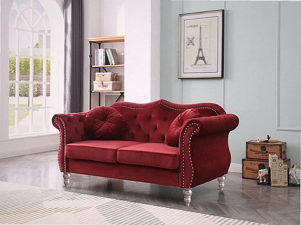 Velvet Loveseat, 68" Wide, Dark Gray - Hollywood Regency Style Sofa Burgundy