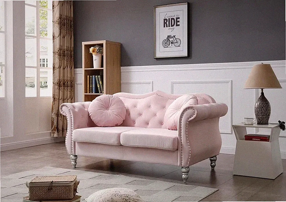 Velvet Loveseat, 68" Wide, Dark Gray - Hollywood Regency Style Sofa Pink