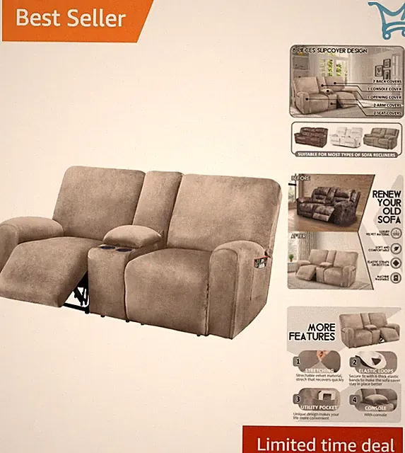 Velvet Loveseat Cover 8-Piece Reclining 2 Seater Sofa Protector Taupe