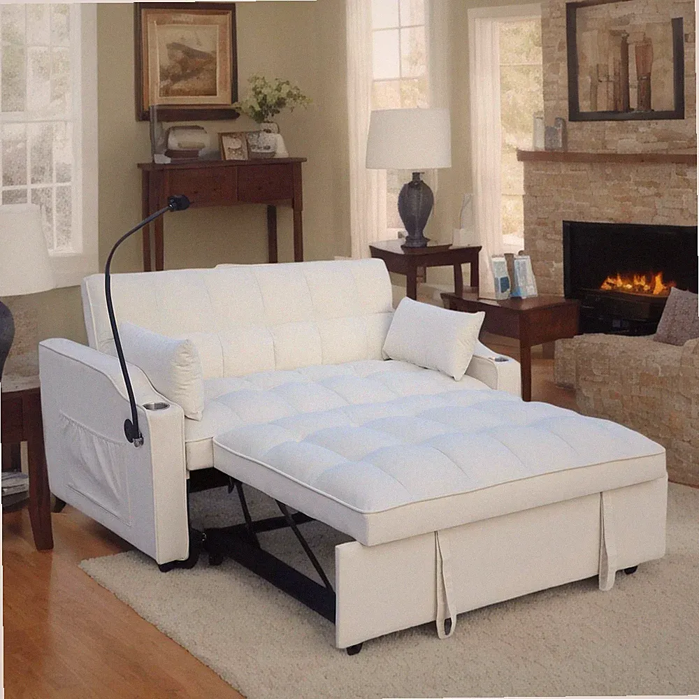 Velvet Loveseat Futon Sofa Bed w/ USB Ports, Adjustable Back, Full Sleeper