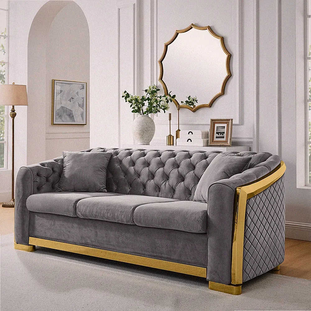 Velvet Luxury Chesterfield Sofa Set,81 Inches Tufted 3 Seat Couch with Gold Stai